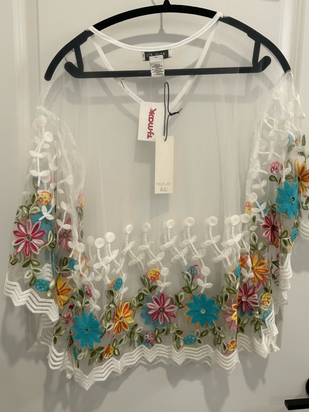 NWT Rachel Zoe White Sheer Embroidered Floral Tunic Top